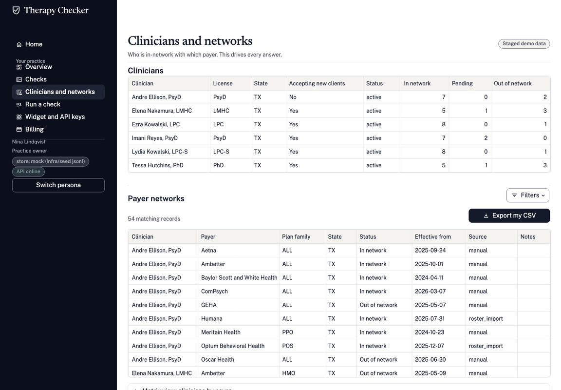 Portal clinicians and networks page: a table of clinicians with license, state and in-network counts, and the payer network rows that drive every answer.