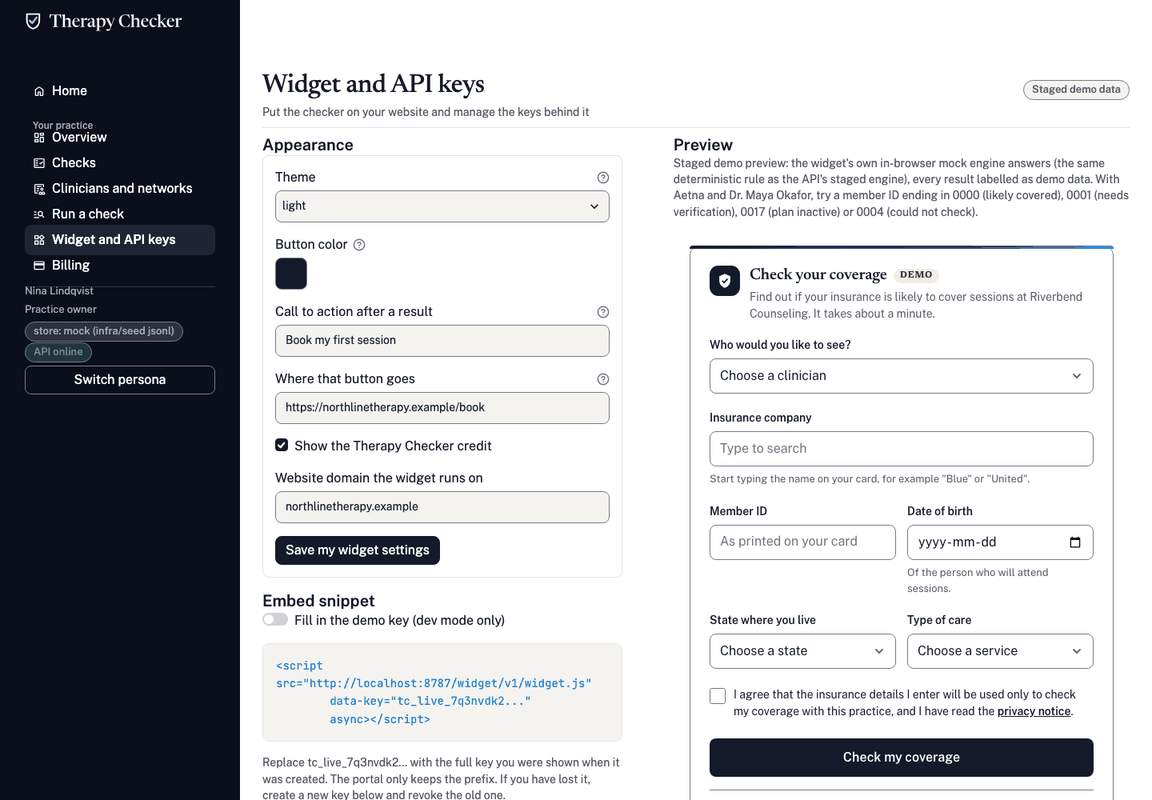 Portal widget and API keys page: theme, button colour, call to action and website domain settings next to a live preview of the widget, with the embed snippet below.